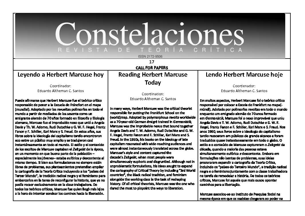 "Constelaciones. Revista de Teoría Crítica" acepta el envío de originales para su próximo número