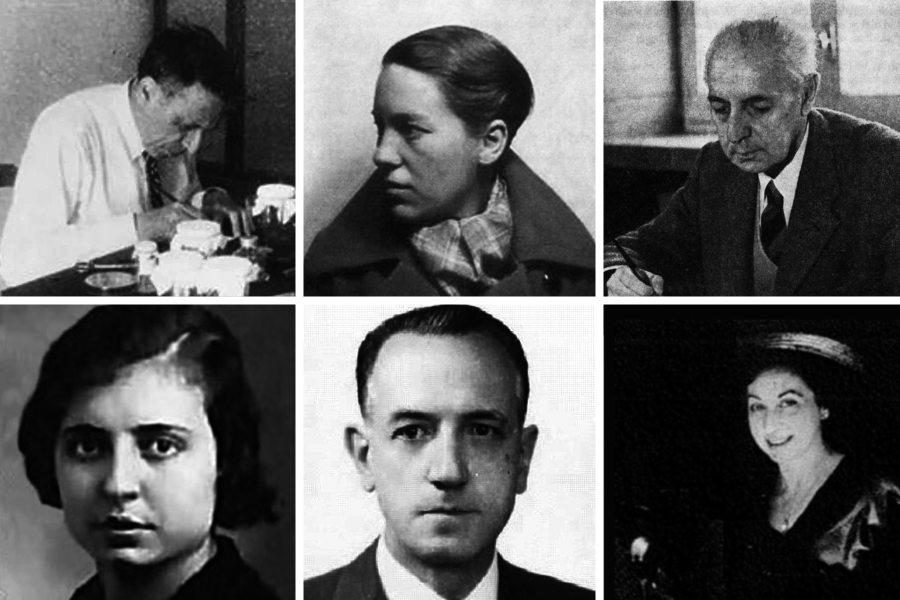 Las depuraciones afectaron al personal de la JAE de forma muy diversa. De izquierda a derecha empezando por arriba: Antonio de Zulueta Escolano, Teresa Andrés Zamora, Ramón Agenjo Cecilia, Manuela Manzanares López, Rafael Méndez Martínez y María Brey Mariño.  Material